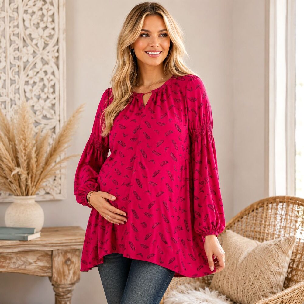 Jessica Simpson Maternity Tunic Top M Fuchsia Feather Boho Rayon Blouse Cottage